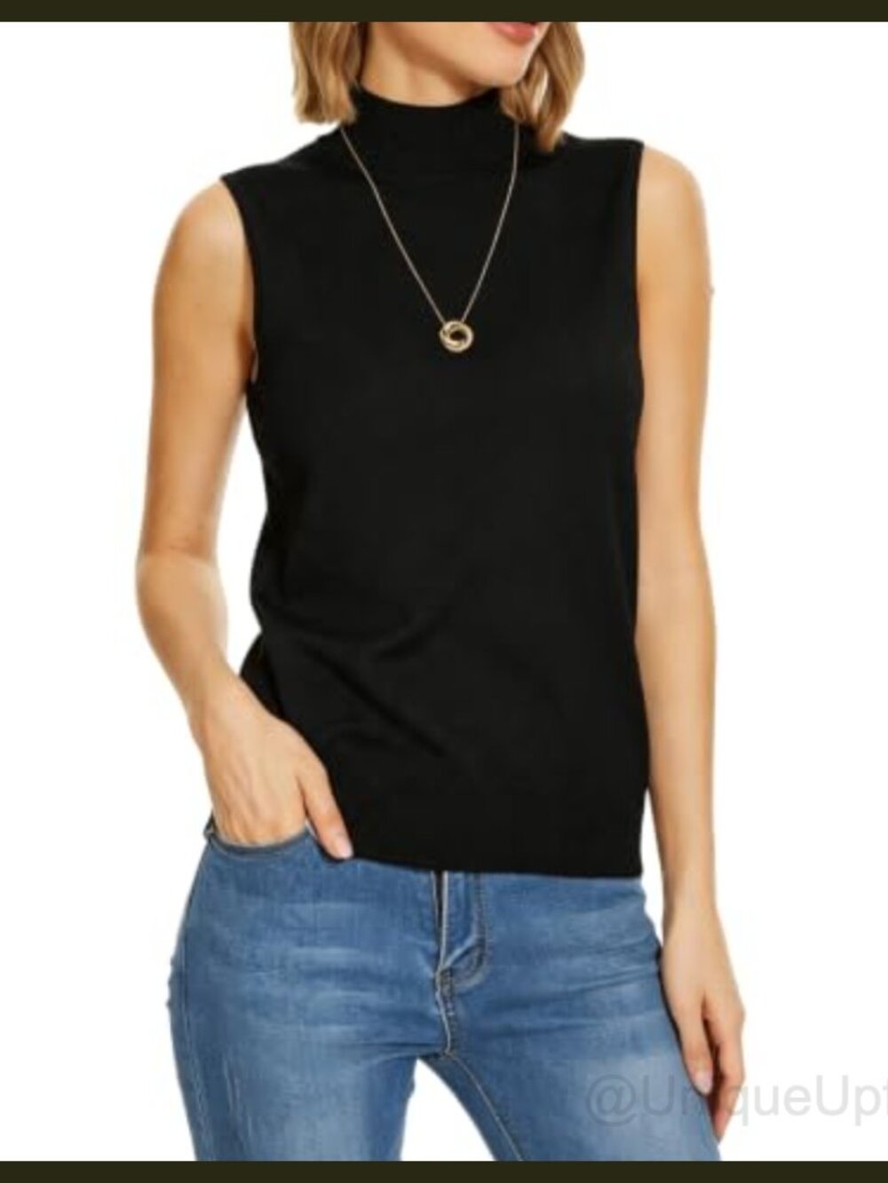 Sleeveless Mock Turtleneck Sweater Vest Ribbed Knit Top